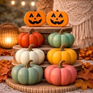 Pumpkins Orange Halloween Jack O Lantern Wood‎ Home Mini Tier Decor Displays